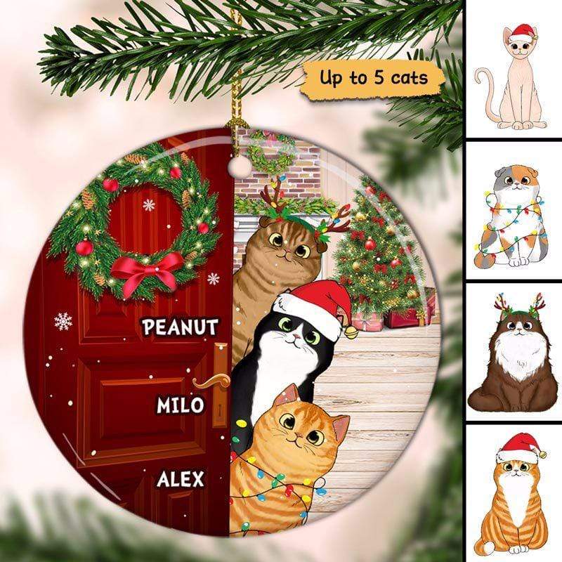 Peeking Fluffy Cats Open Door Christmas Personalized Ornament