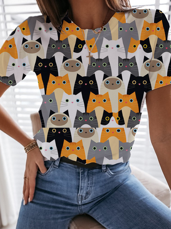 Color Block Cat Print T-shirt
