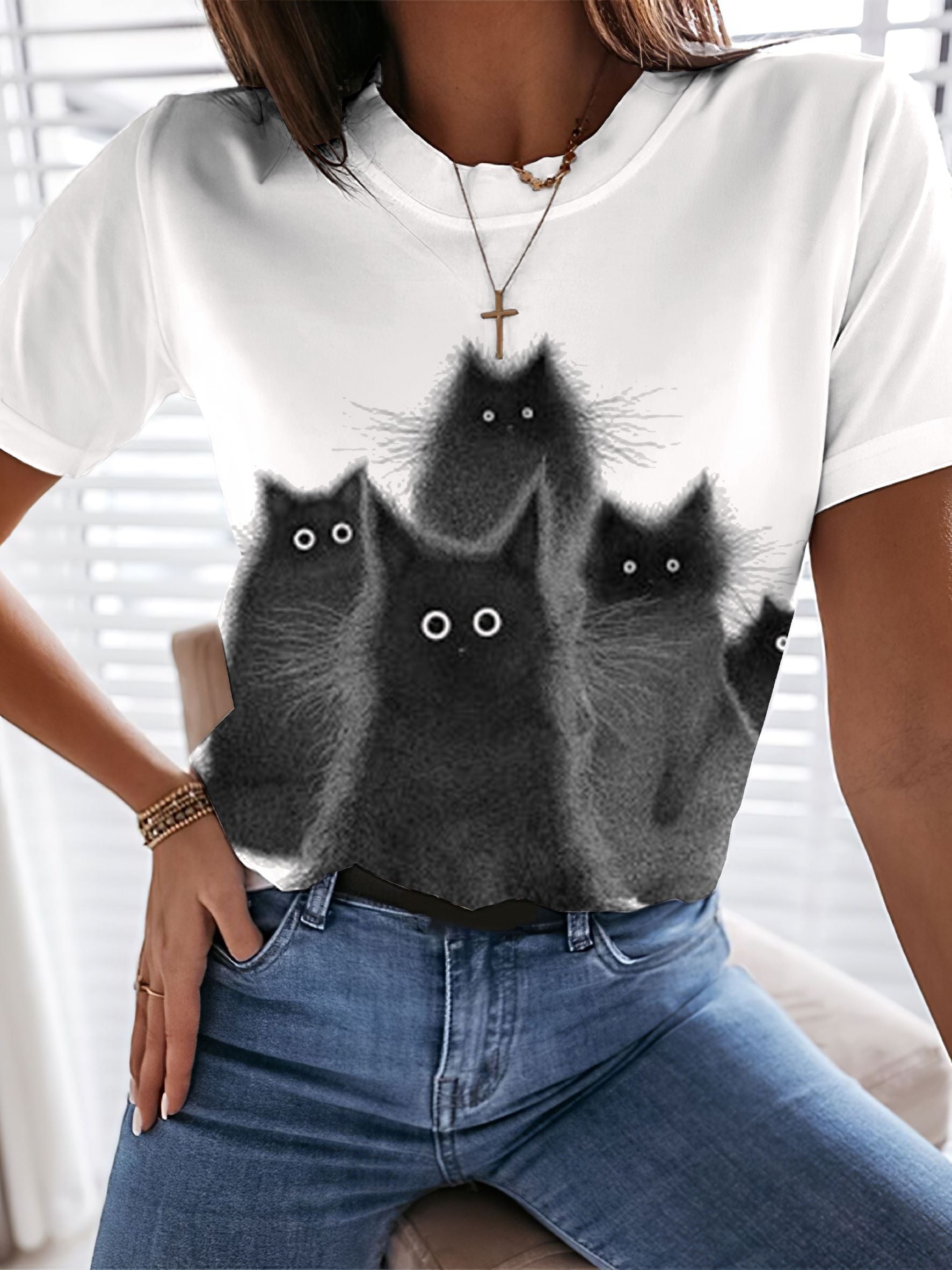 Cool Black Cat Print Short-Sleeved T-Shirt
