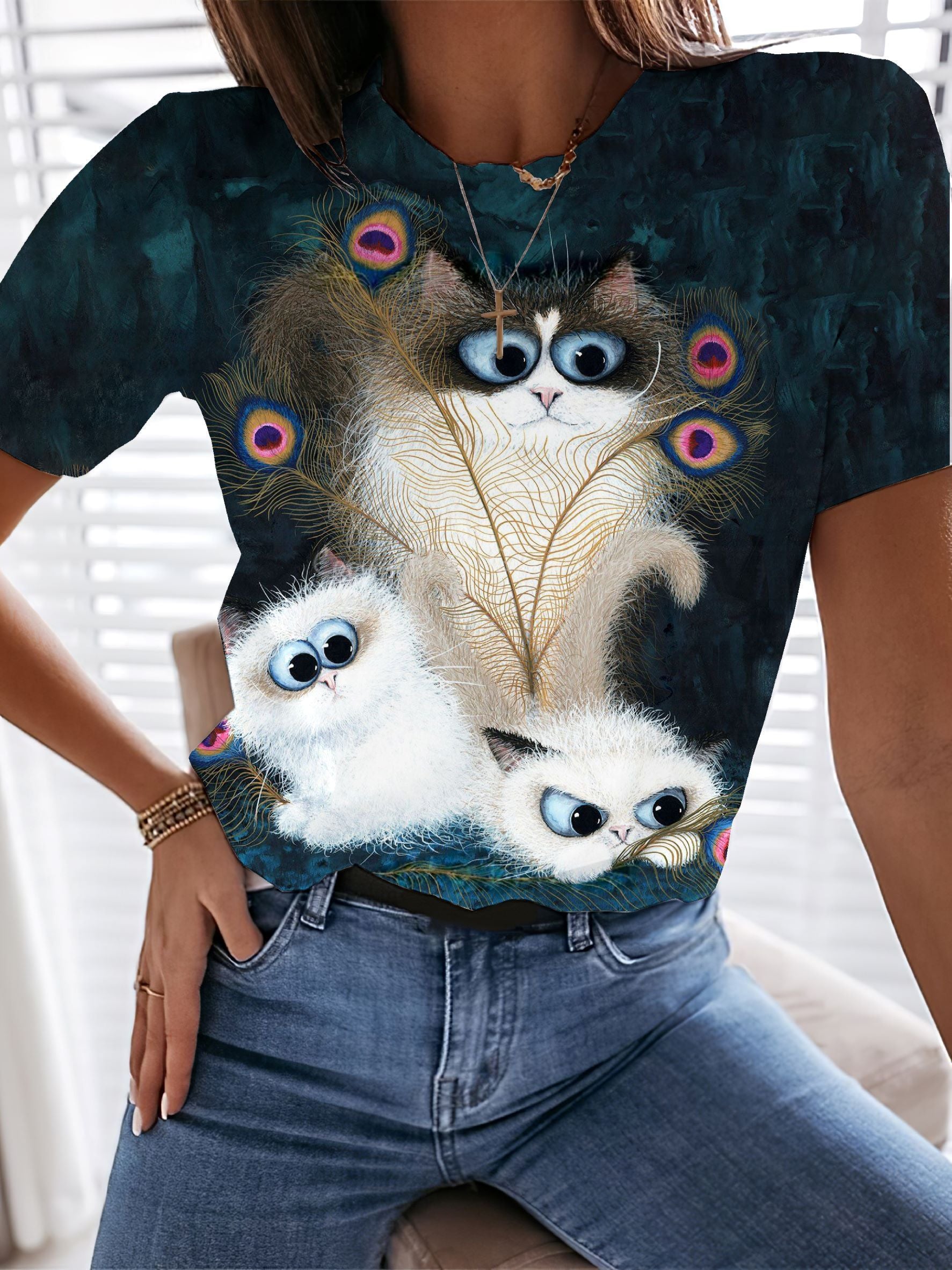 Splendid Peacock Tail Art Cat Print Short-Sleeved T-Shirt