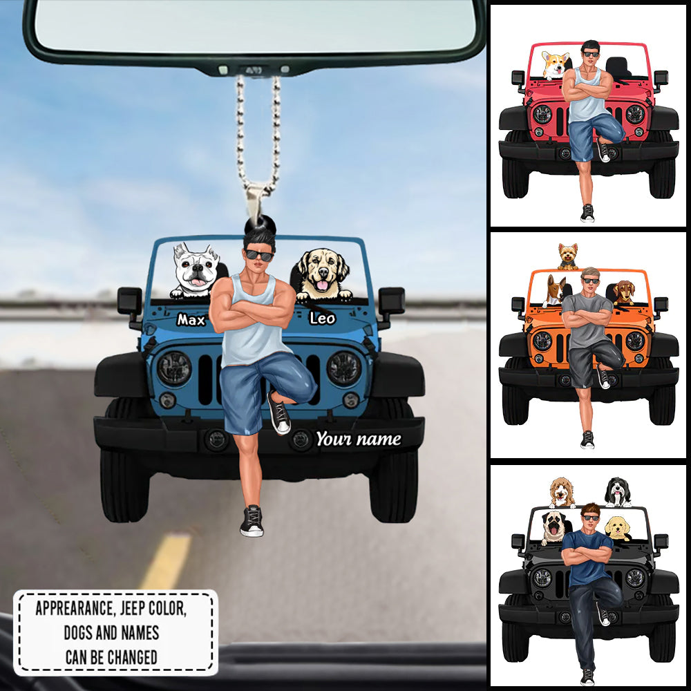 Customized A Man With His Dogs And His Jeep Personalized Ornament