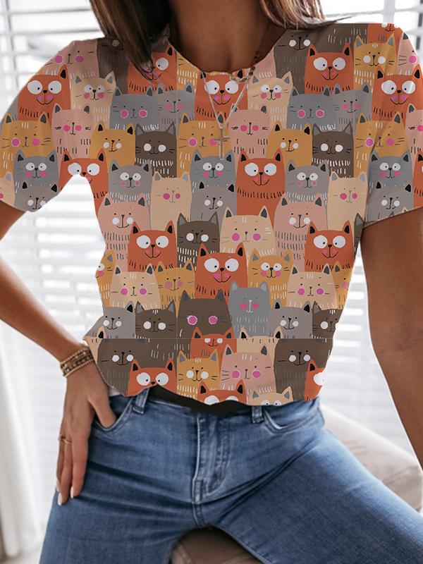 😼Casual cartoon Cat print T-shirt