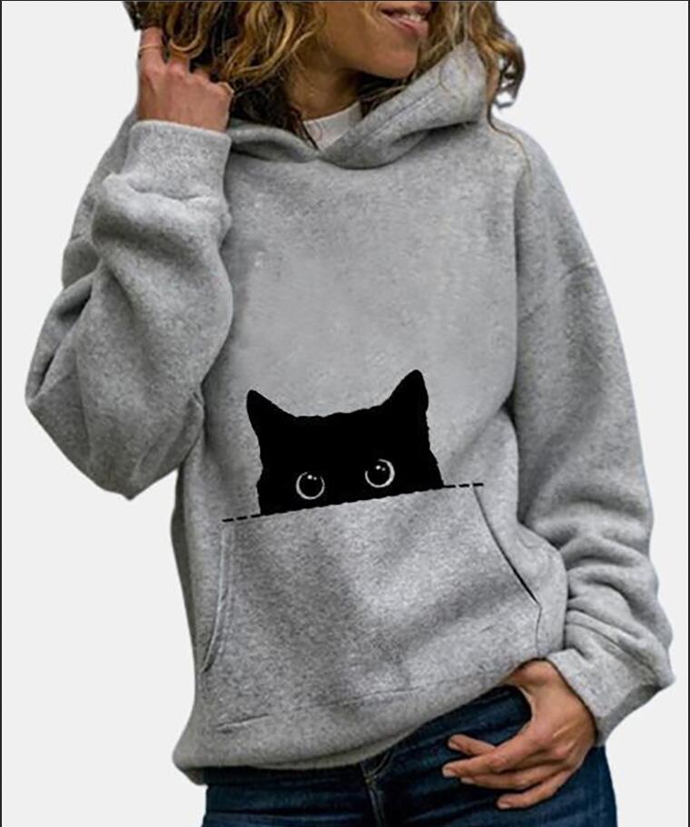 Cute Cat Print Casual Long Sleeve Hoodie
