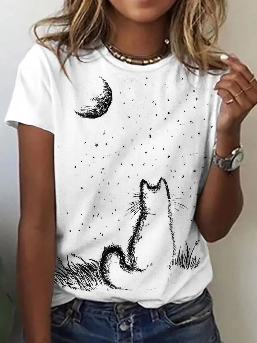 Print Moon Cat Round Neck Short-Sleeved T-Shirt