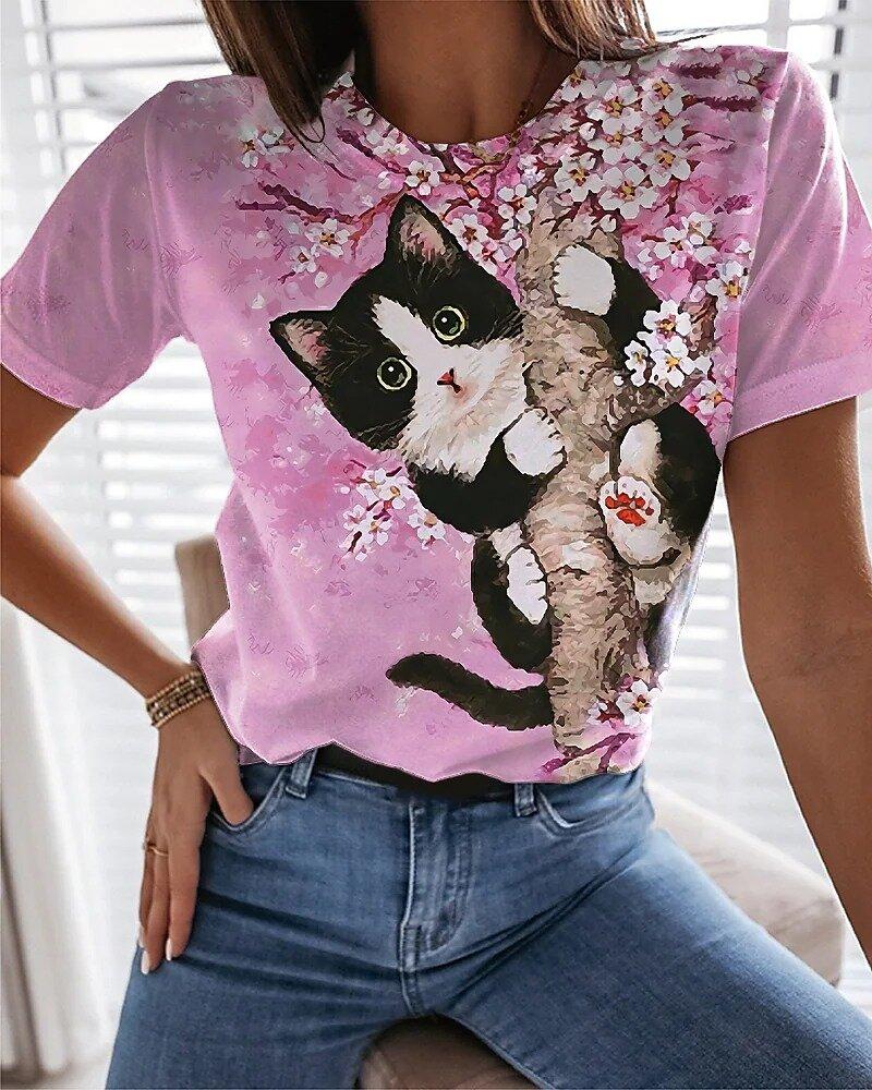 🐱Ladies cat and floral print Pink T-shirt