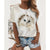 Ladies Short Sleeve Round Cat Print T-shirt