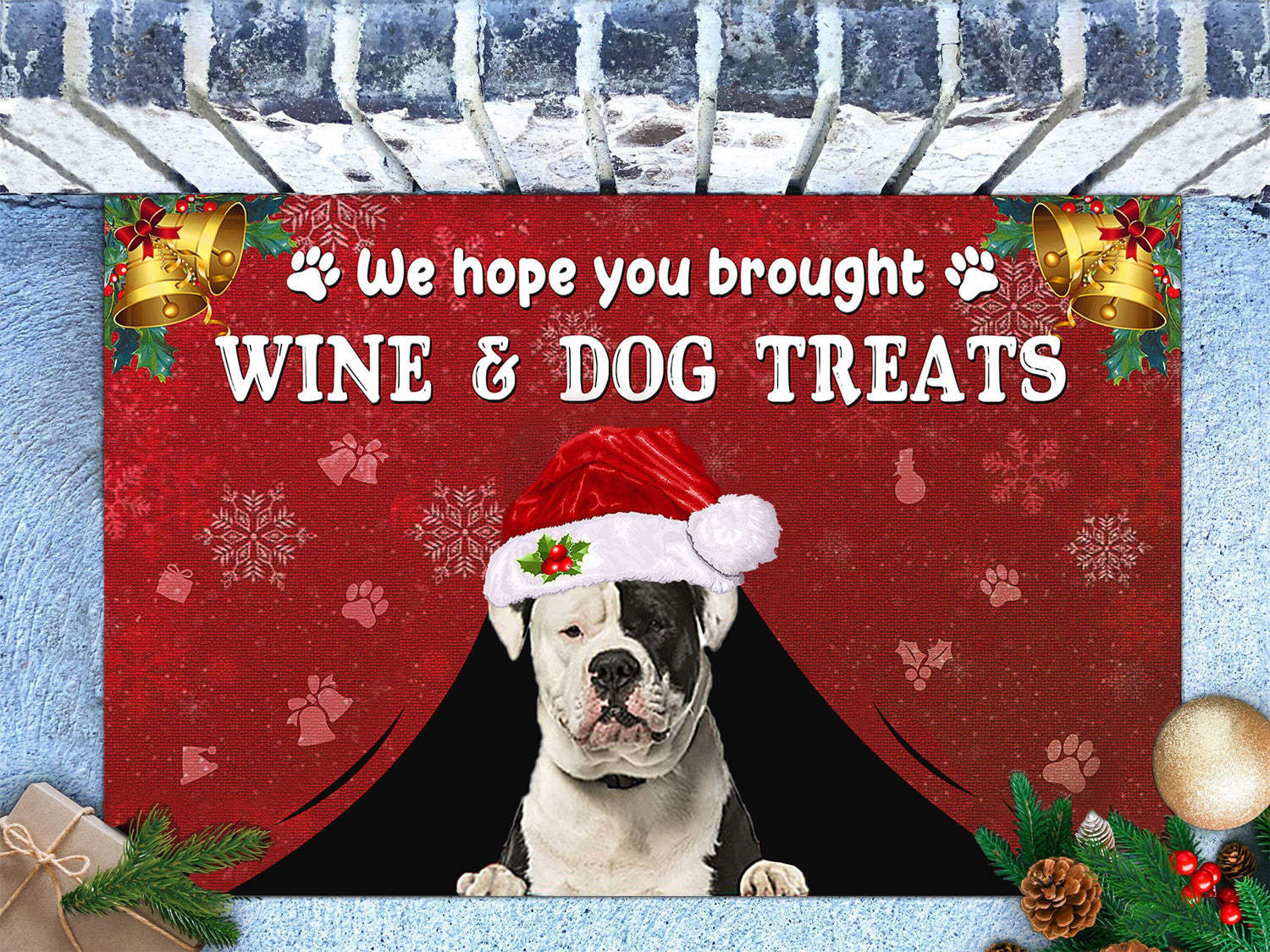 American Bulldog Wine & Dog Treats Christmas Doormat