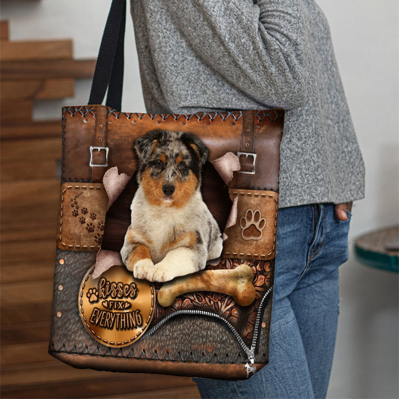 Australian Shepherd With Bone Retro Tote Bag