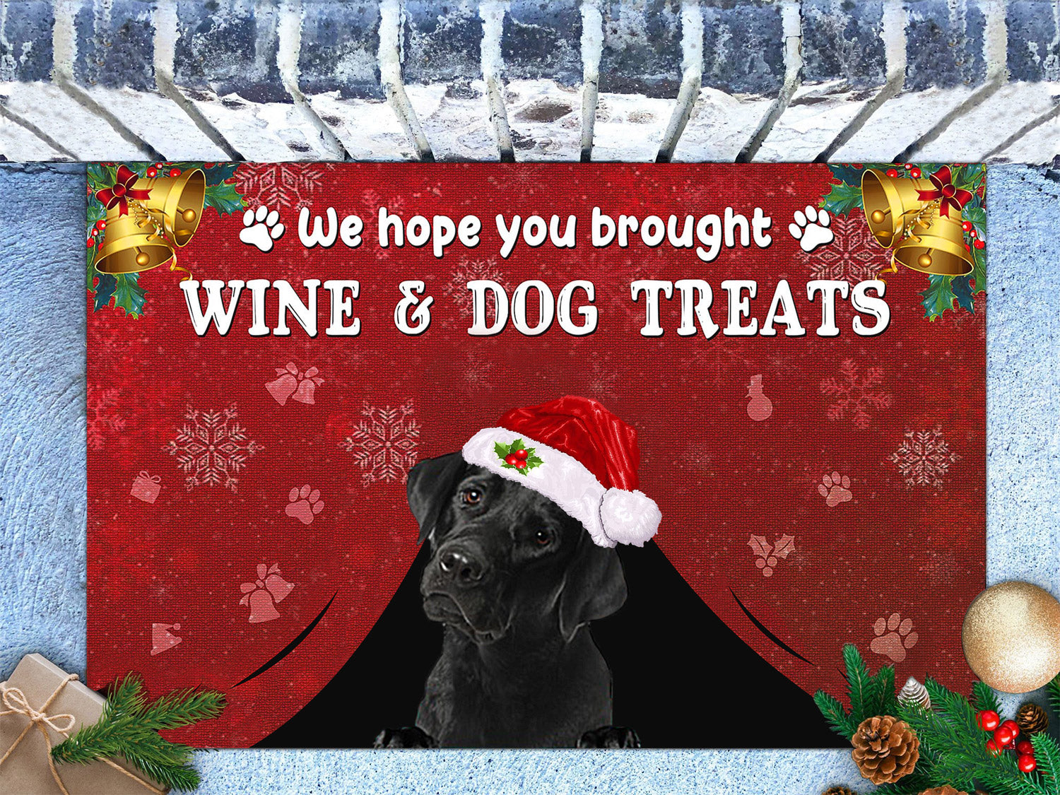 BLACK Labrador Wine & Dog Treats Christmas Doormat
