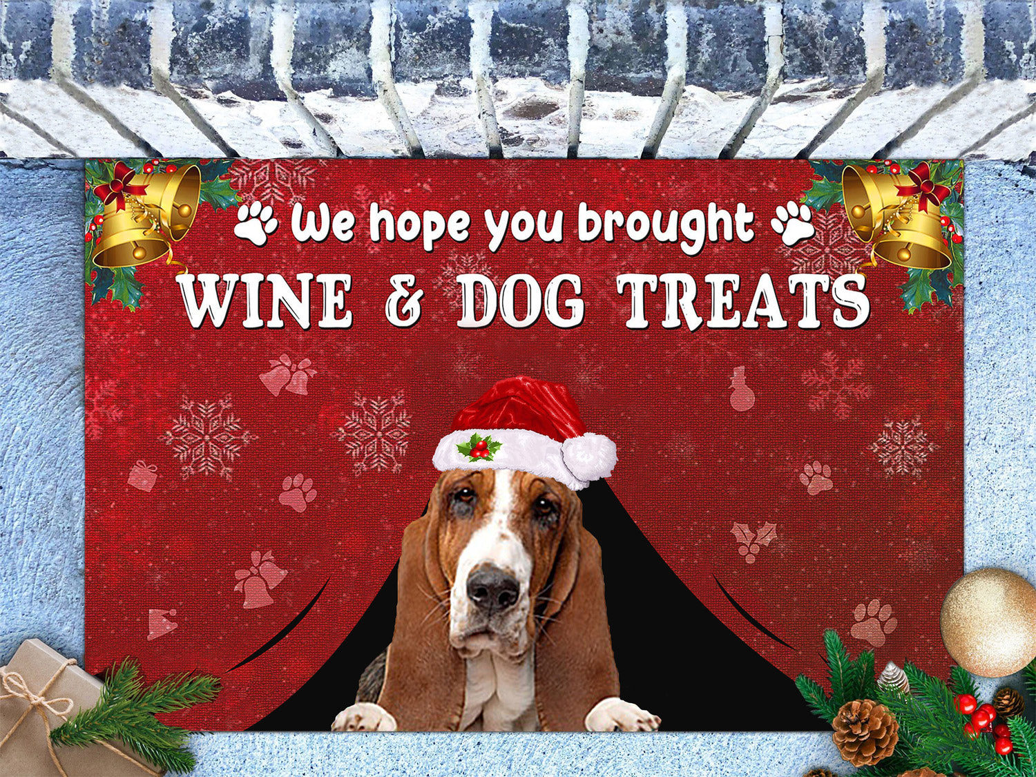 Basset Hound Wine & Dog Treats Christmas Doormat