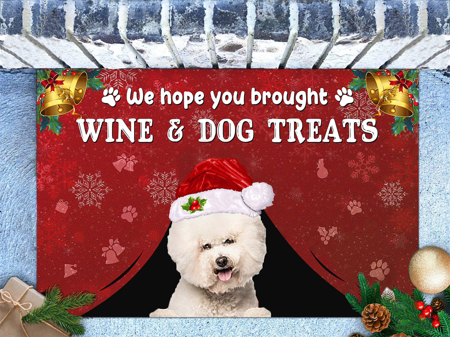 Bichon Frise Wine & Dog Treats Christmas Doormat
