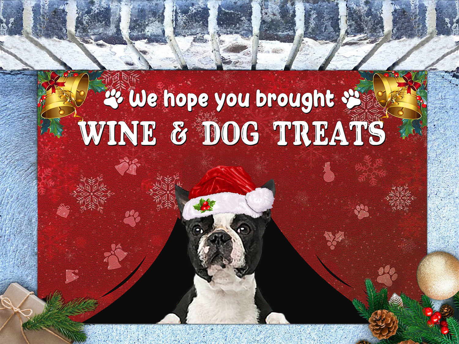 Boston Terrier Wine & Dog Treats Christmas Doormat