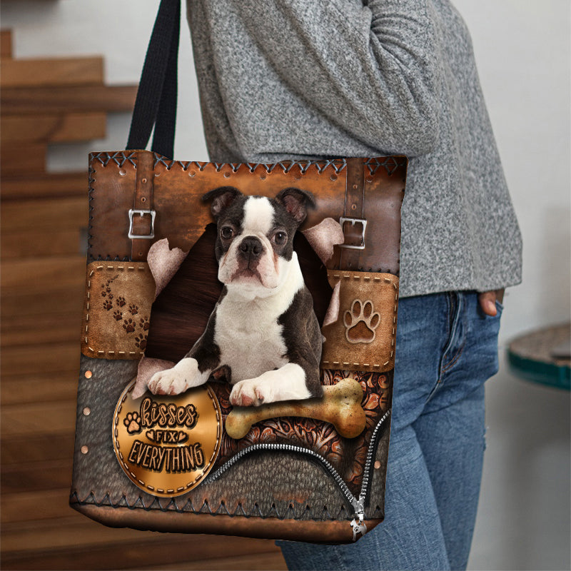 Boston Terrier With Bone Retro Tote Bag