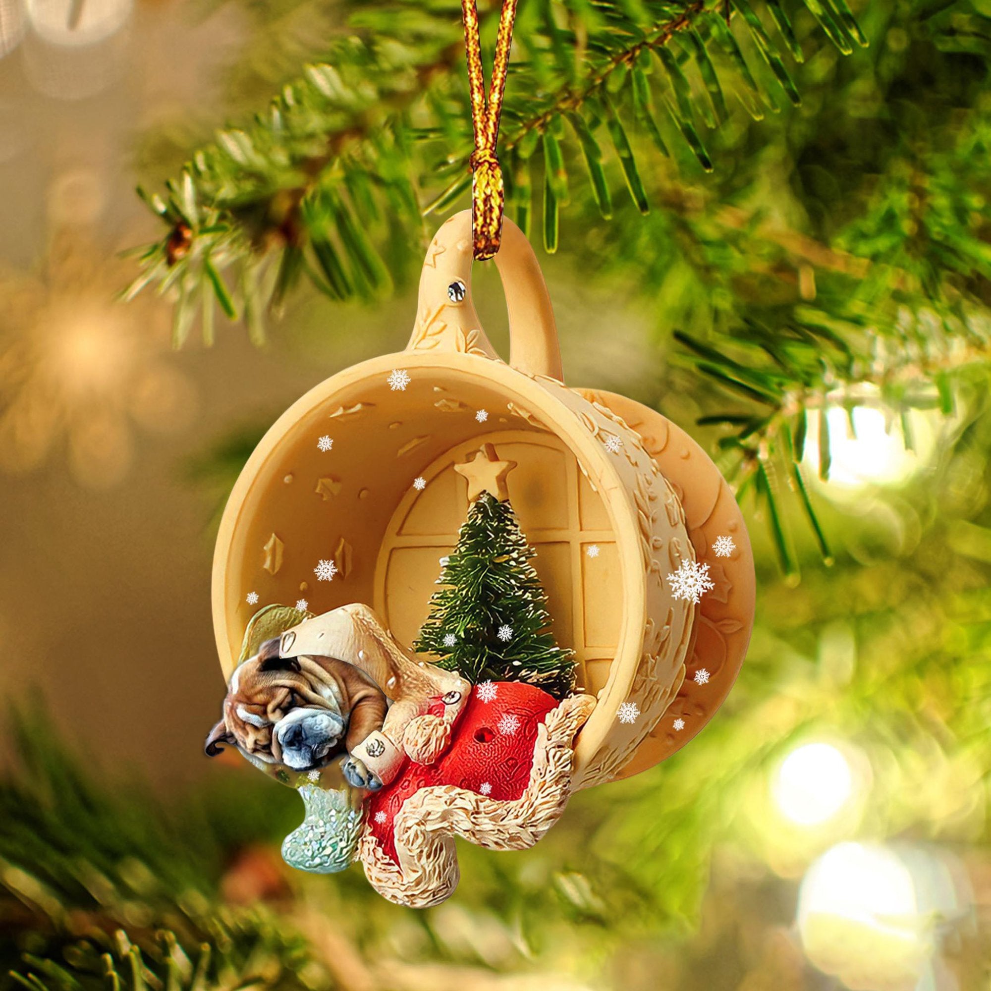 Bulldog Sleeping In A Cup Christmas Ornament
