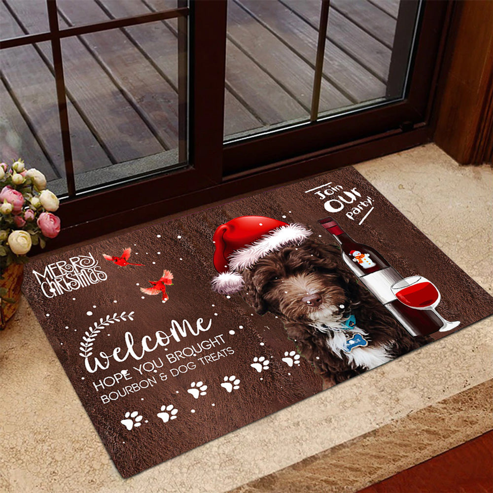 CHOCOLATE Goldendoodle Join Our Party Christmas Doormat