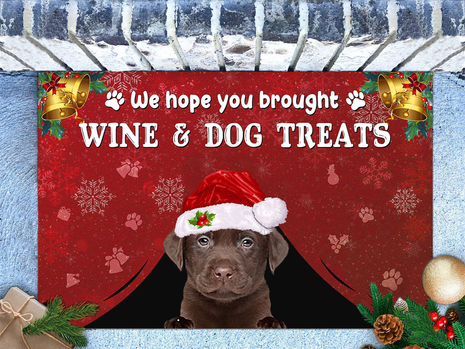 CHOCOLATE Labrador Wine & Dog Treats Christmas Doormat