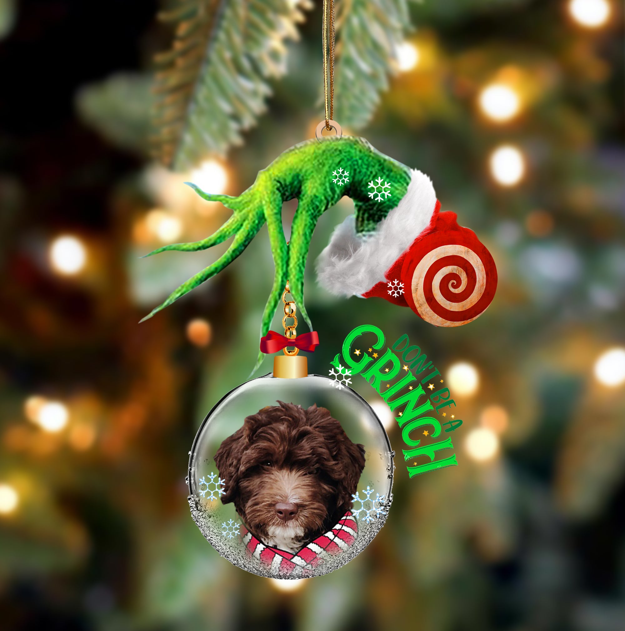 CHOCOLATE Goldendoodle Don't Be A Grinch Christmas Ornament