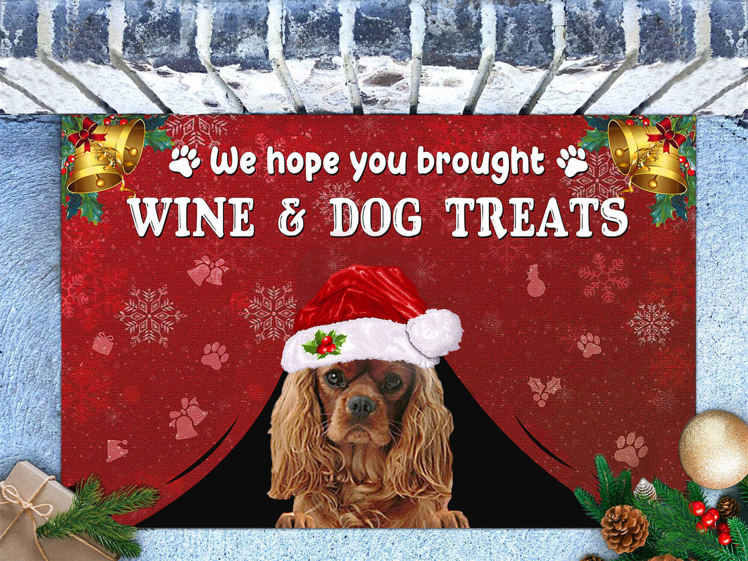 Cavalier King Charles Spaniel Wine & Dog Treats Christmas Doormat
