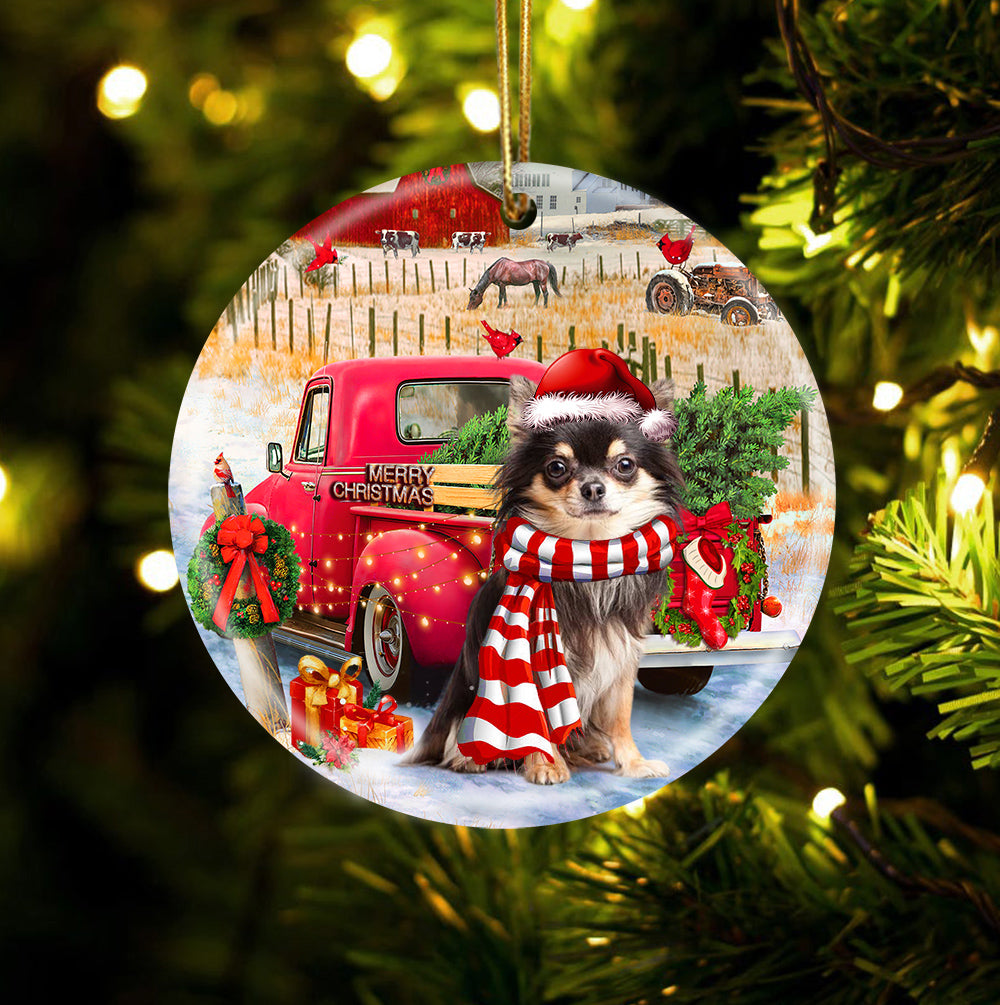 Chihuahua 2 With Red Truck Christmas Ornament (porcelain)