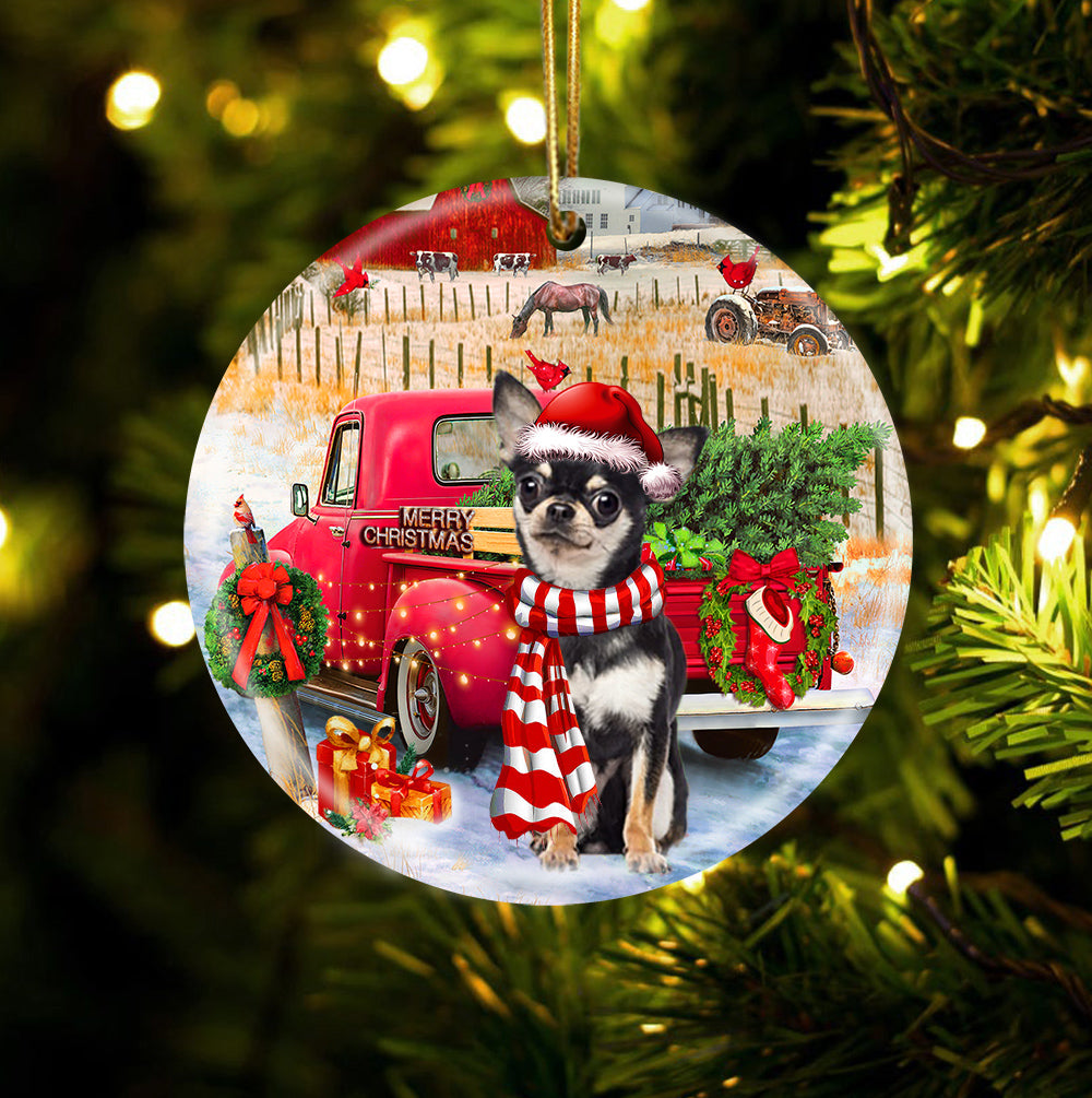 Chihuahua With Red Truck Christmas Ornament (porcelain)