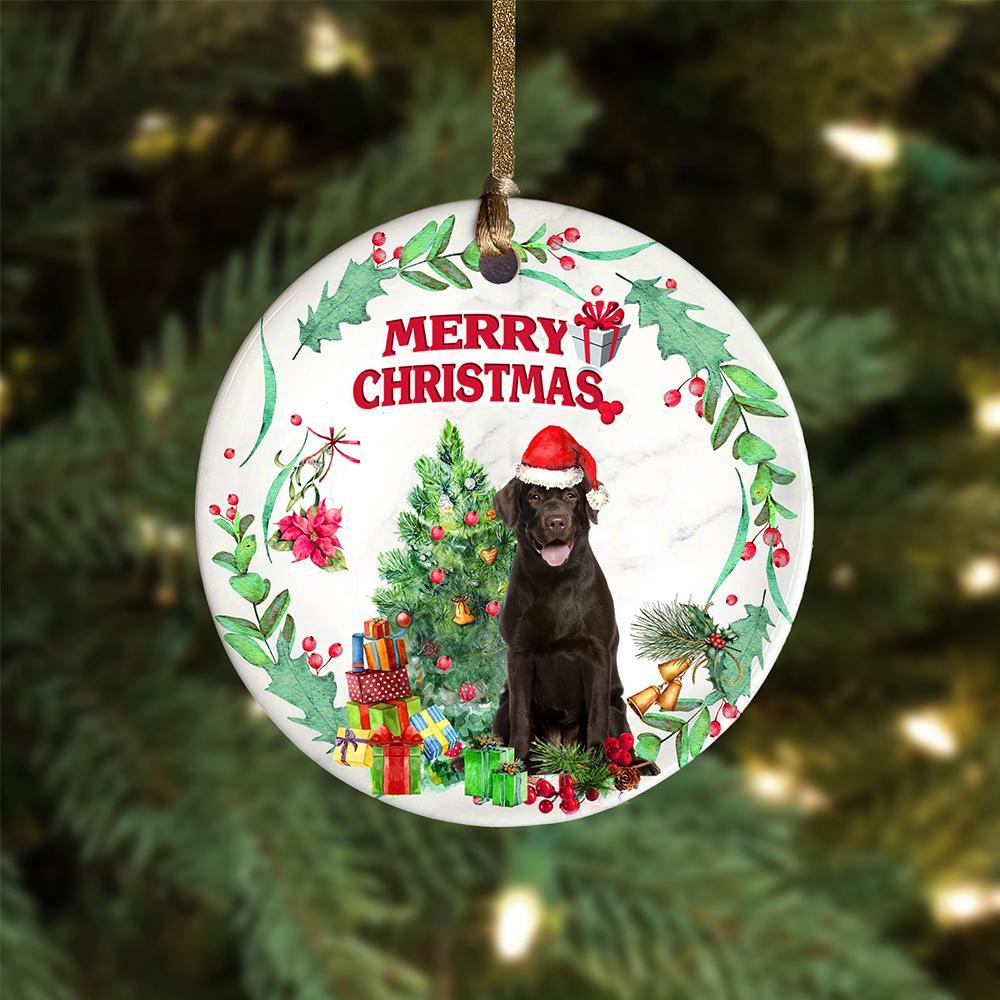 Chocolate-Labrador Tree Merry Christmas Ornament (porcelain)