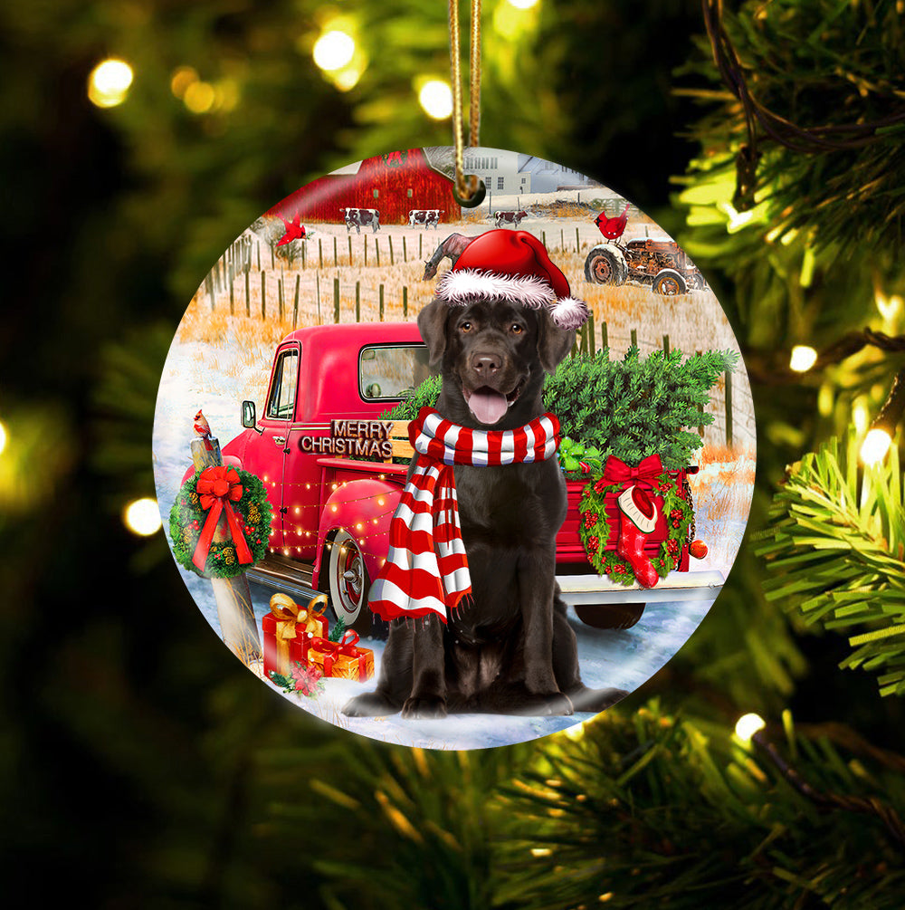 Chocolate Labrador With Red Truck Christmas Ornament (porcelain)