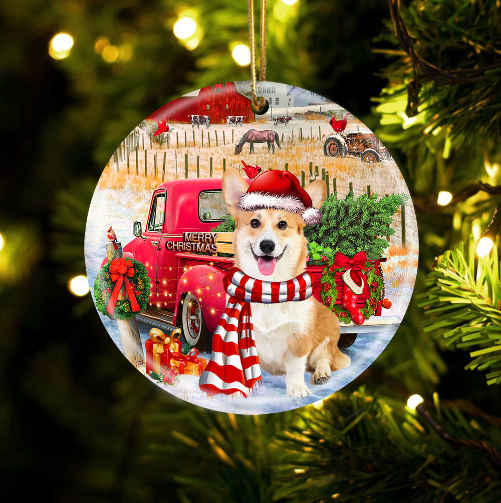 Corgi With Red Truck Christmas Ornament (porcelain)