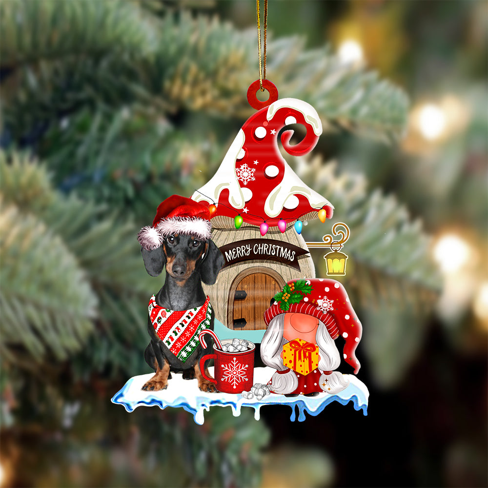 Dachshund-2 With Mushroom House Christmas Ornament