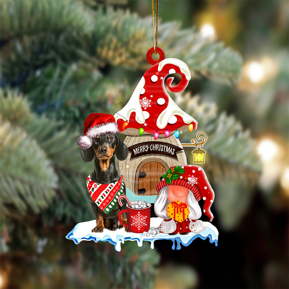 Dachshund-3 With Mushroom House Christmas Ornament