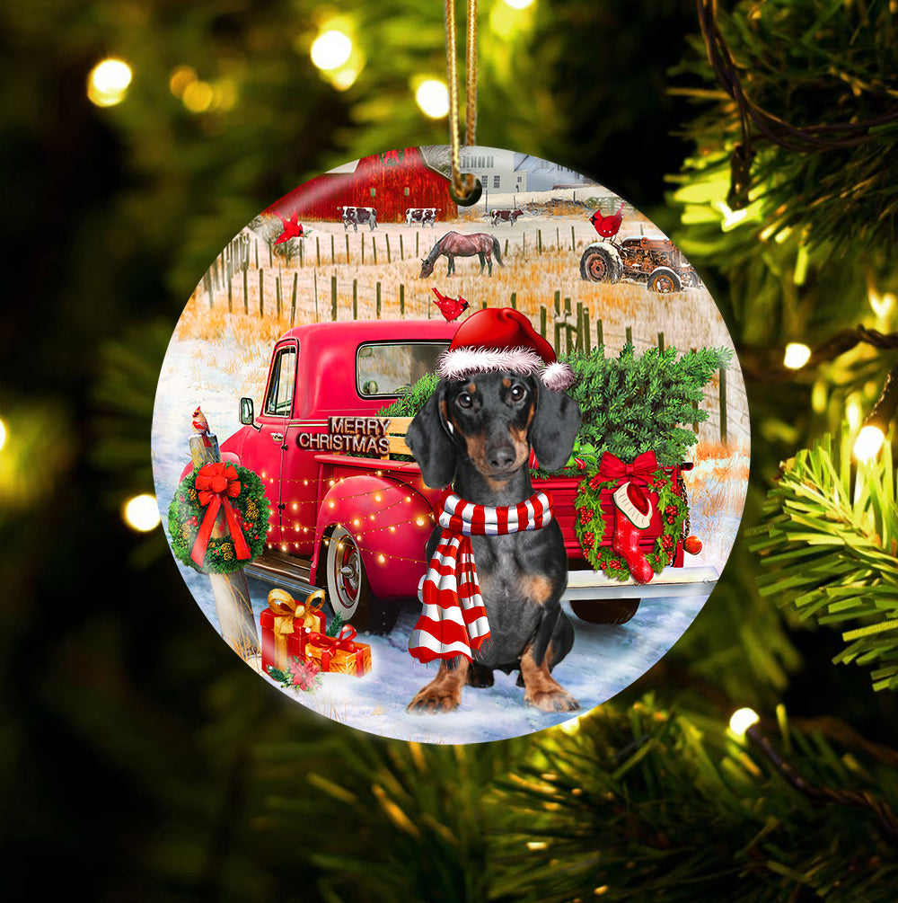 Dachshund 2 With Red Truck Christmas Ornament (porcelain)