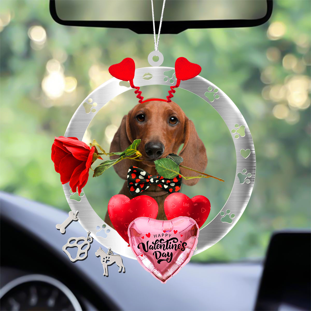 Dachshund 2 With Rose & Heart Balloon Ornament