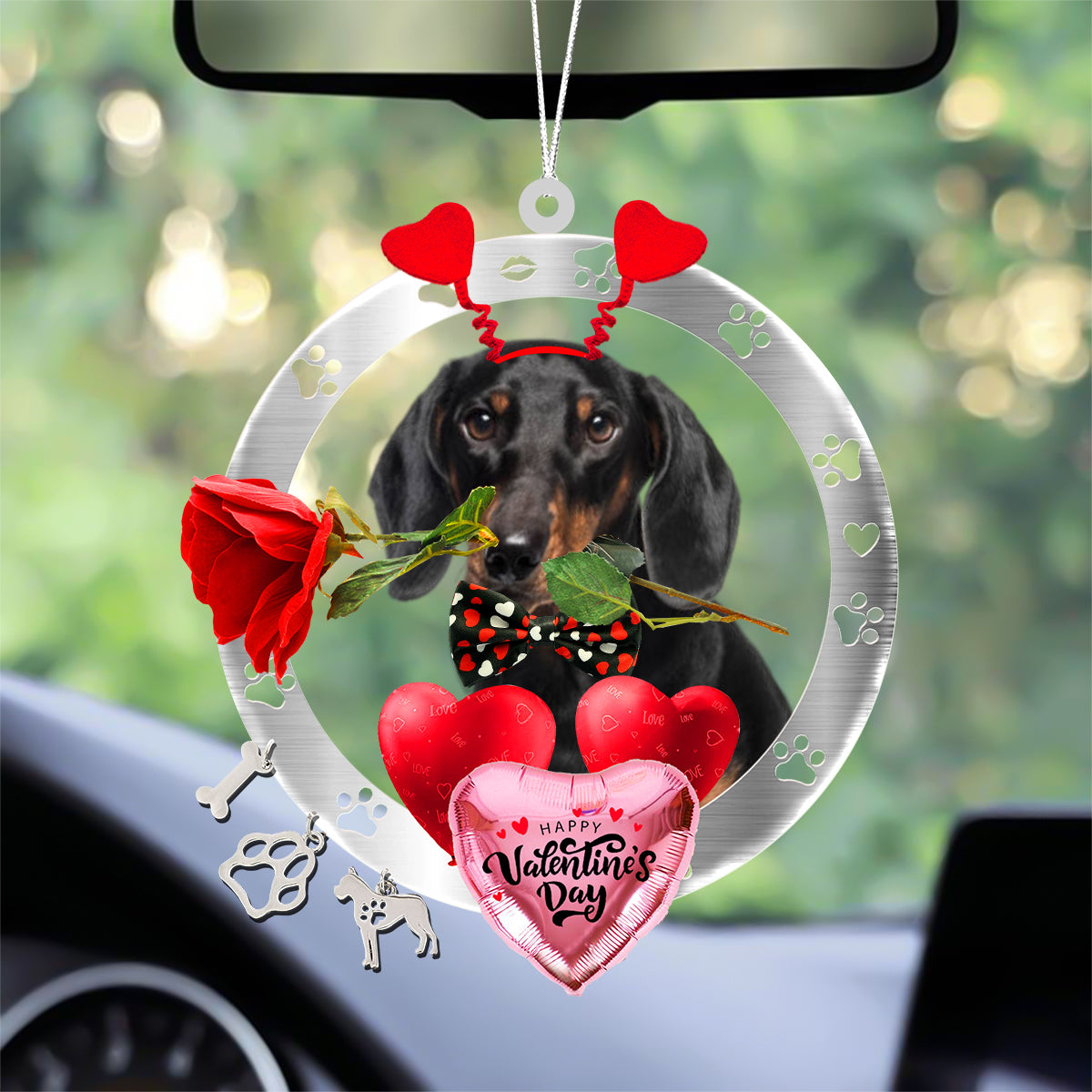 Dachshund With Rose & Heart Balloon Ornament