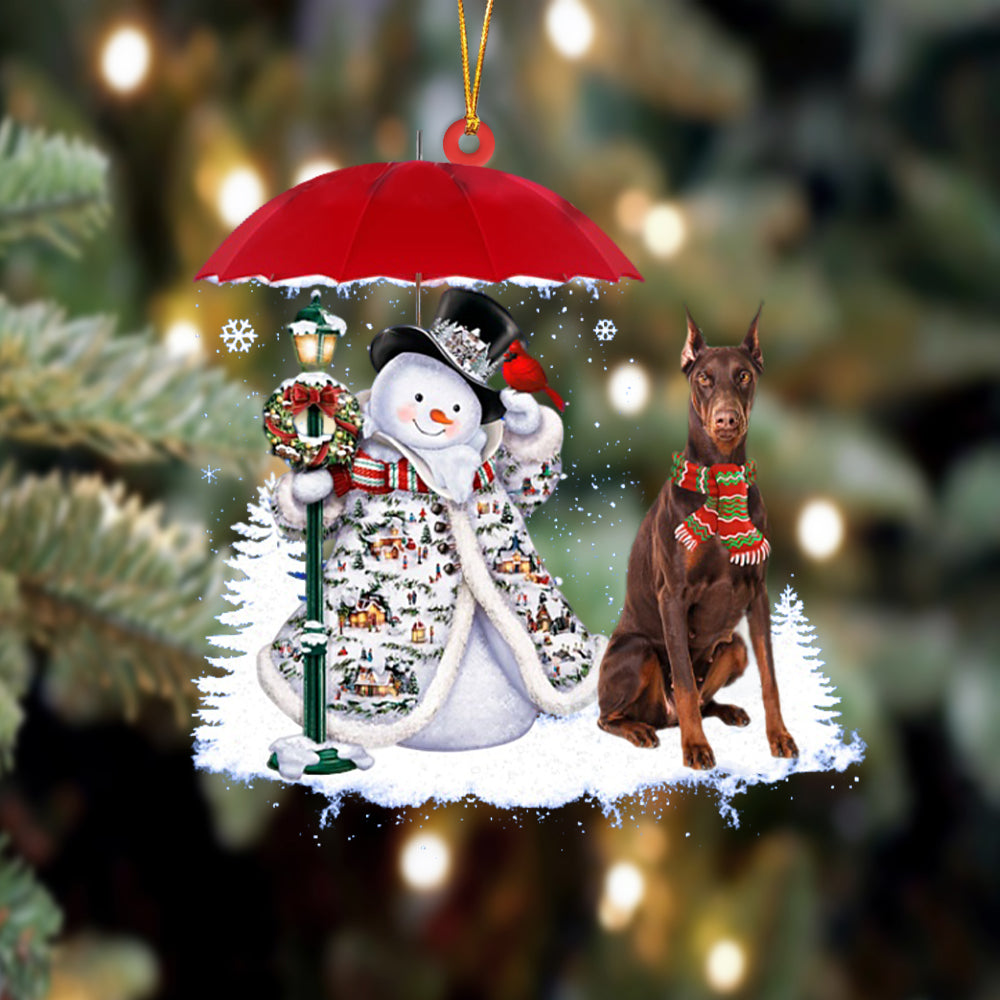 Doberman With Snowman Christmas Ornament