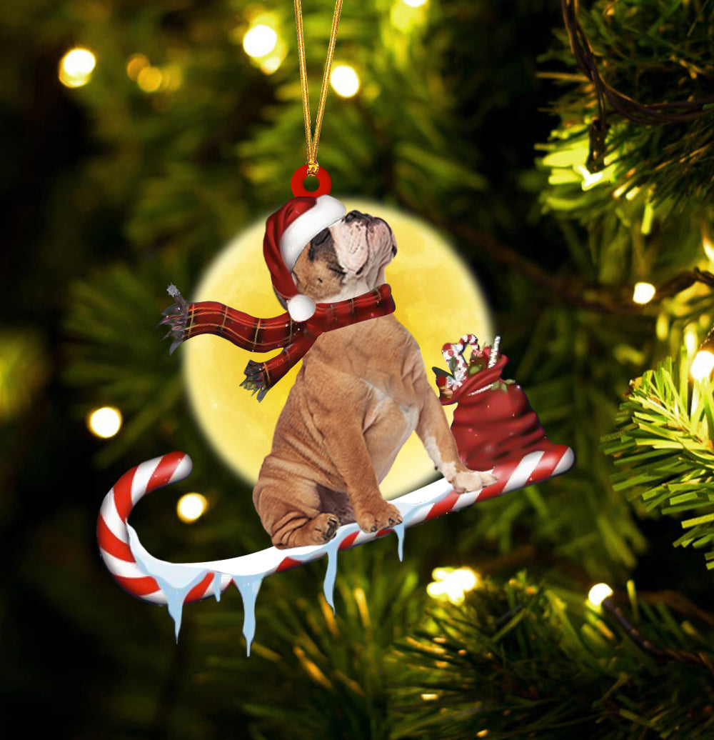 English-Bulldog On The Candy Cane Christmas Ornament