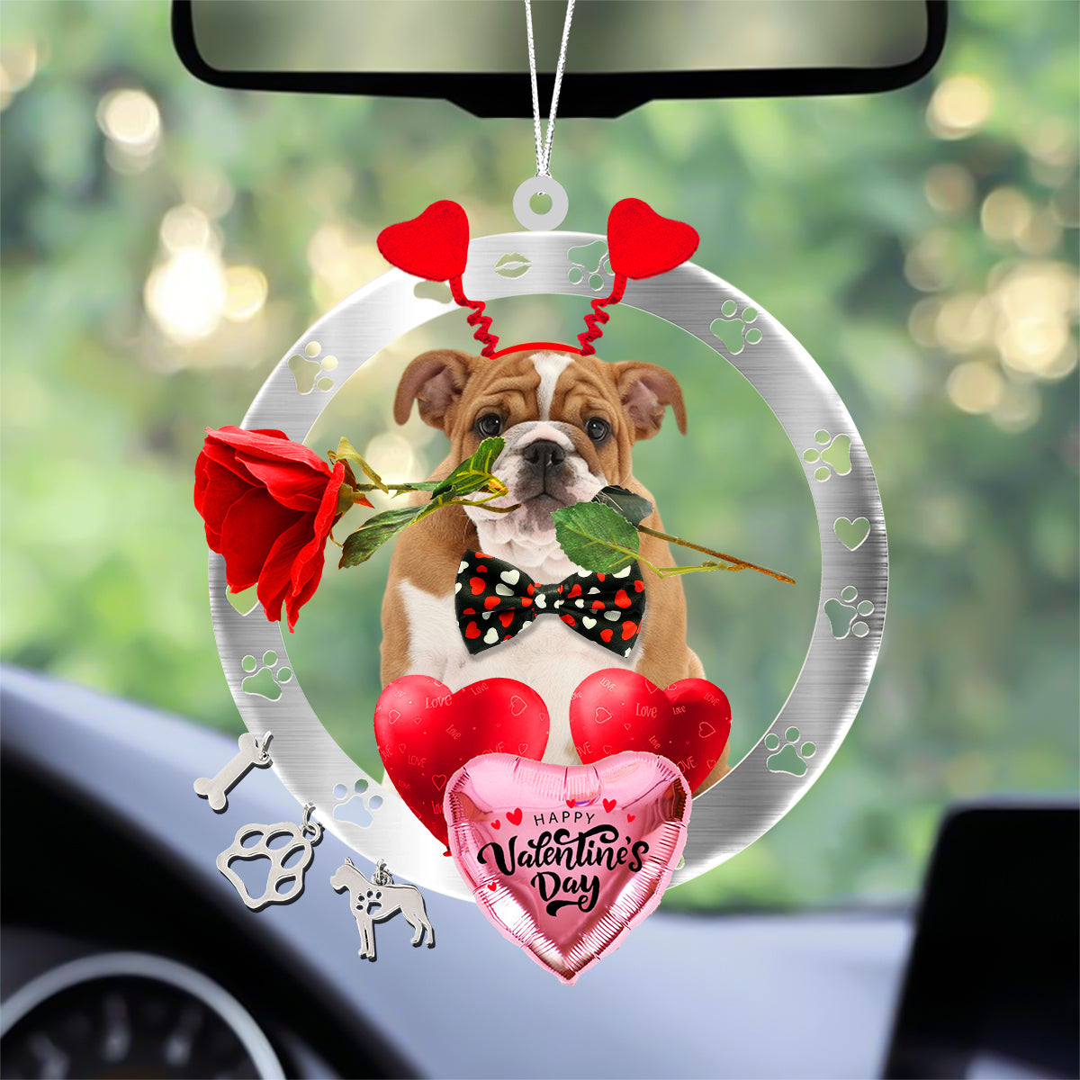 English Bulldog With Rose & Heart Balloon Ornament