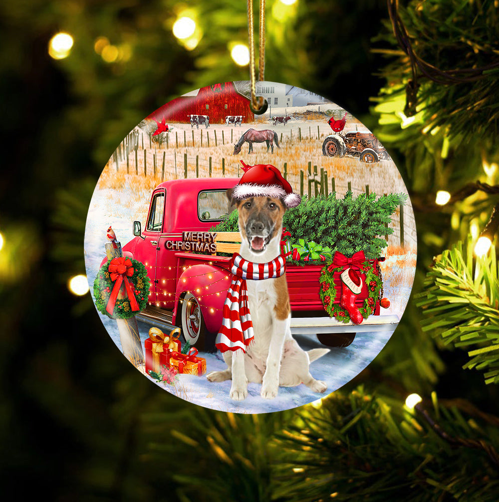 Fox Terrier With Red Truck Christmas Ornament (porcelain)