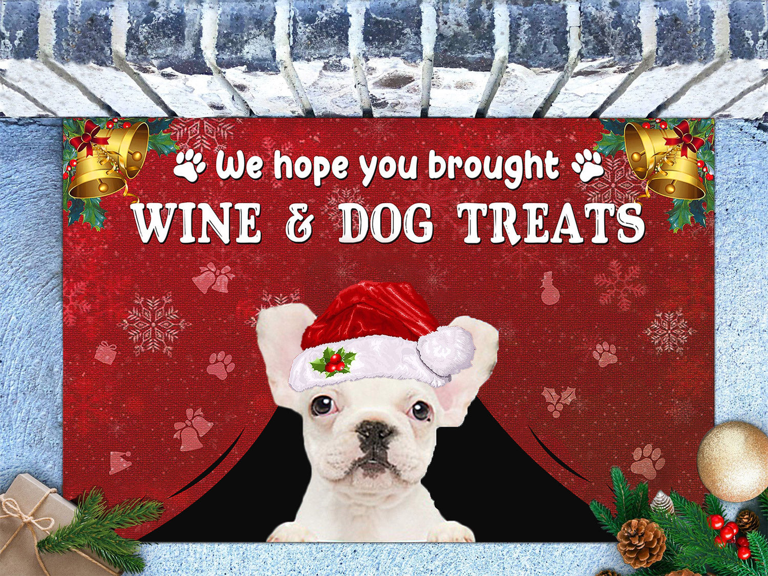 French Bulldog Wine & Dog Treats Christmas Doormat
