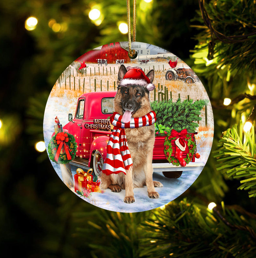 German shepherd 2 With Red Truck Christmas Ornament (porcelain)