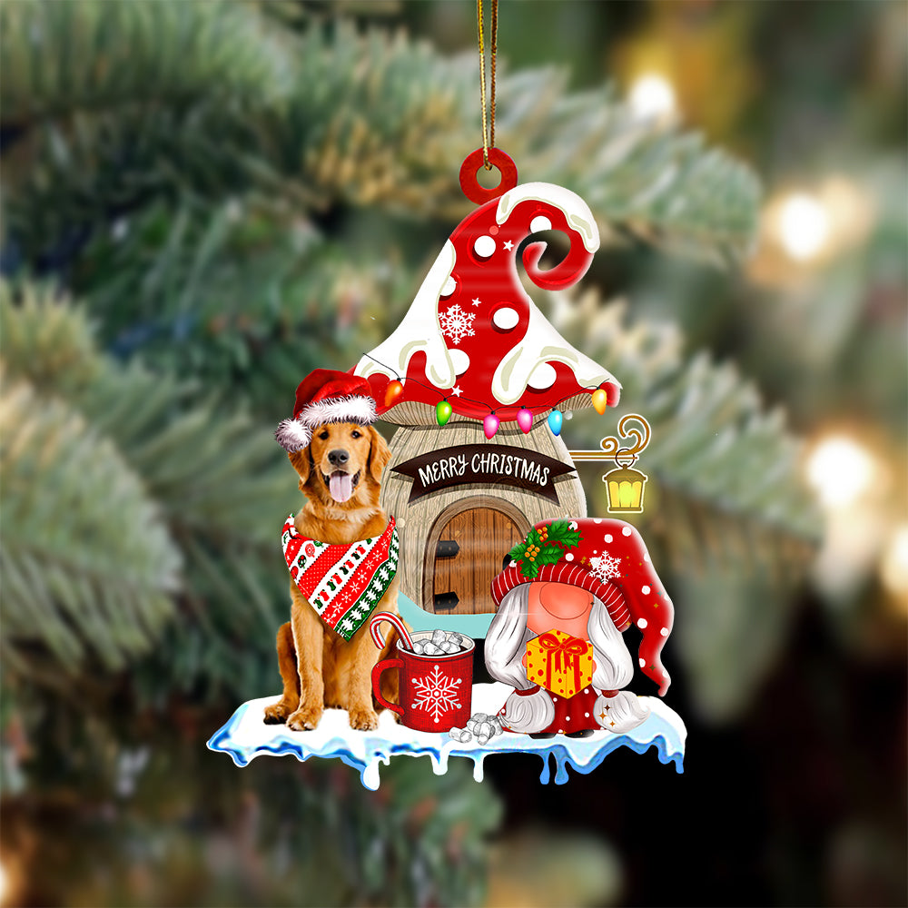 Golden-Retriever With Mushroom House Christmas Ornament