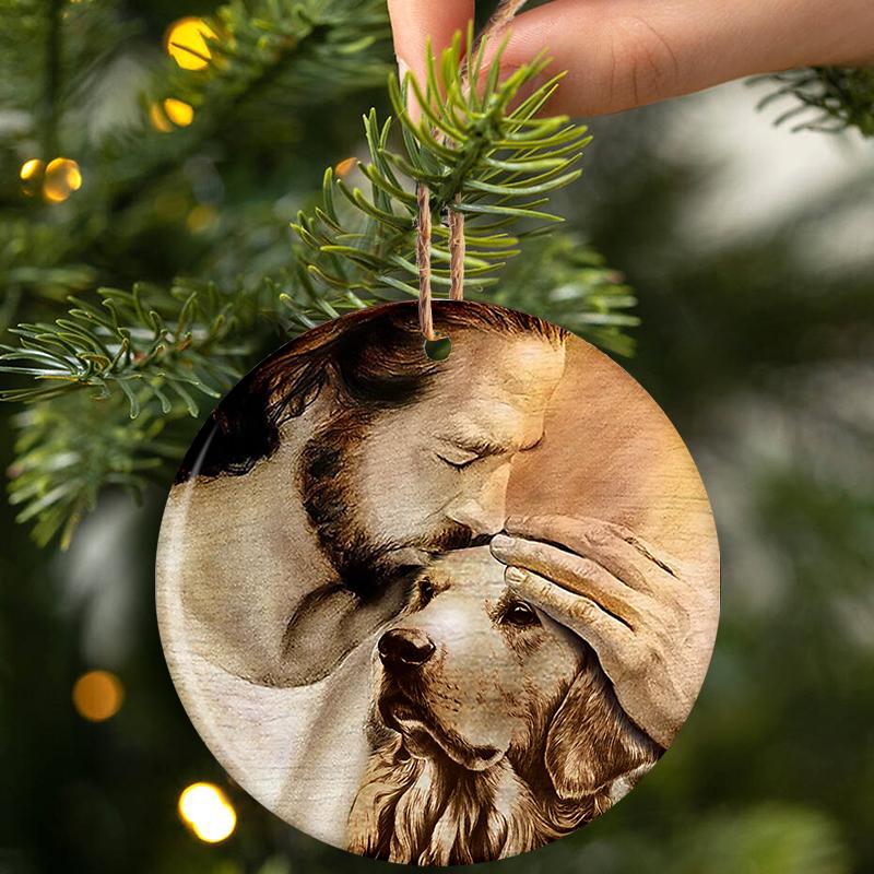 Golden Retriever With Jesus Porcelain/Ceramic Ornament