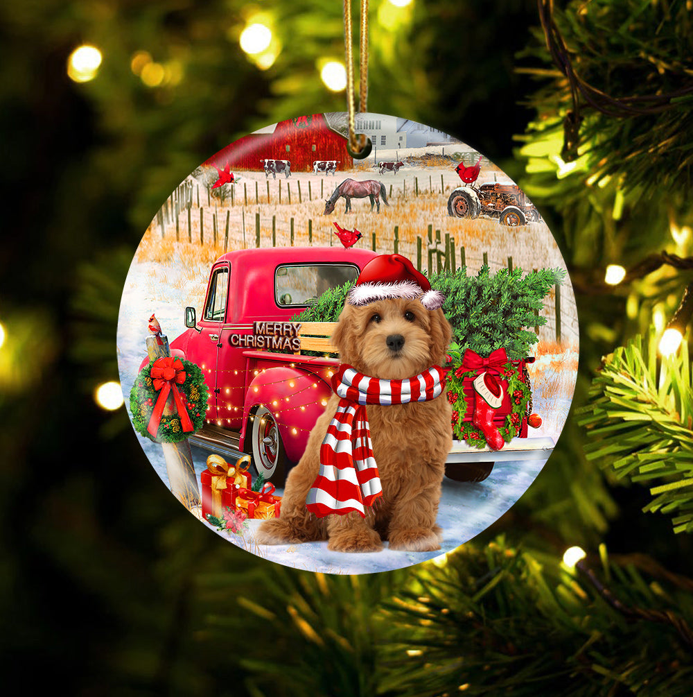 Goldendoodle With Red Truck Christmas Ornament (porcelain)