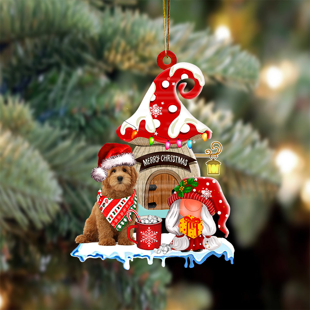 Goldendoodle-2 With Mushroom House Christmas Ornament