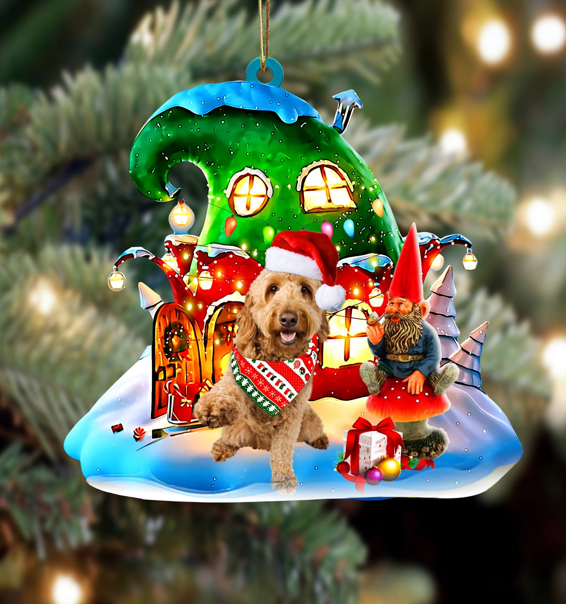 Goldendoodle With Rudolph's House Christmas Ornament