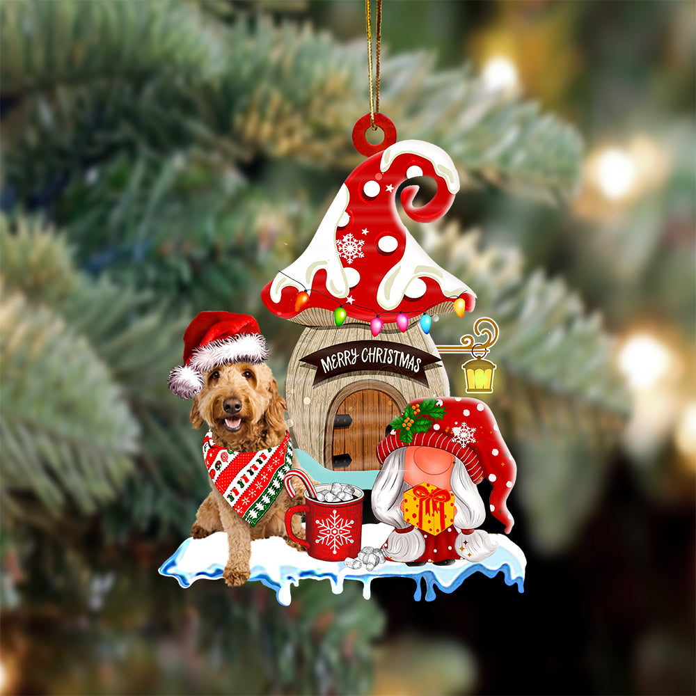 Goldendoodle With Mushroom House Christmas Ornament