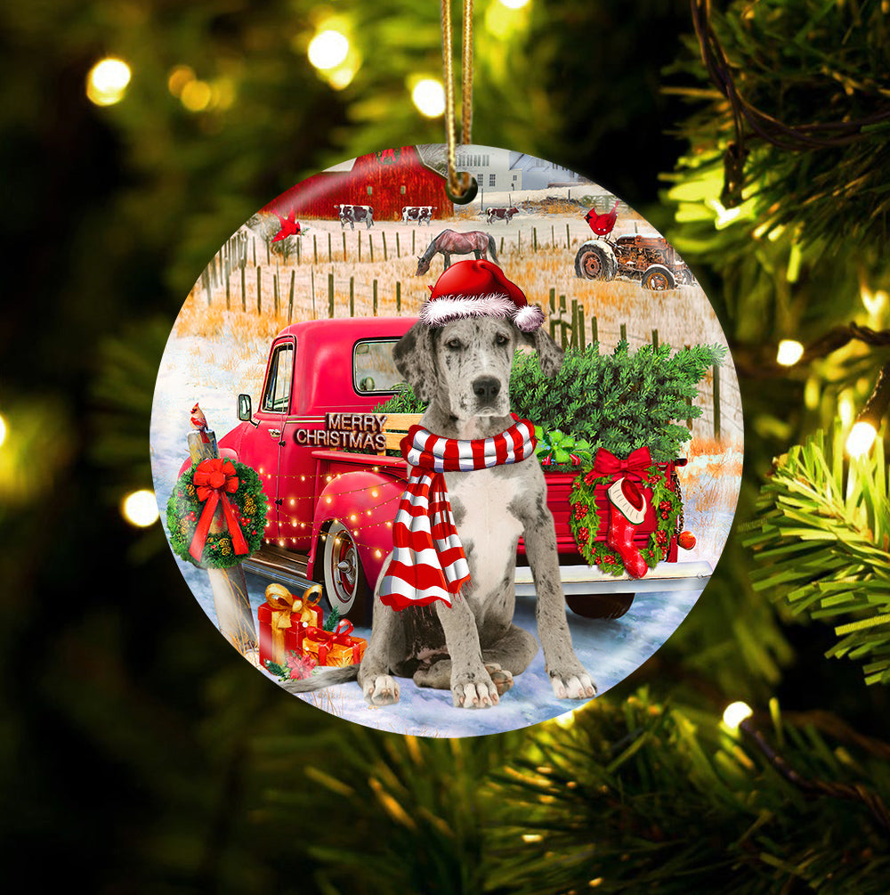 Great Dane With Red Truck Christmas Ornament (porcelain)