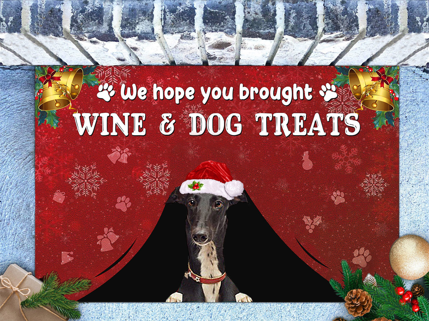 Greyhound Wine & Dog Treats Christmas Doormat