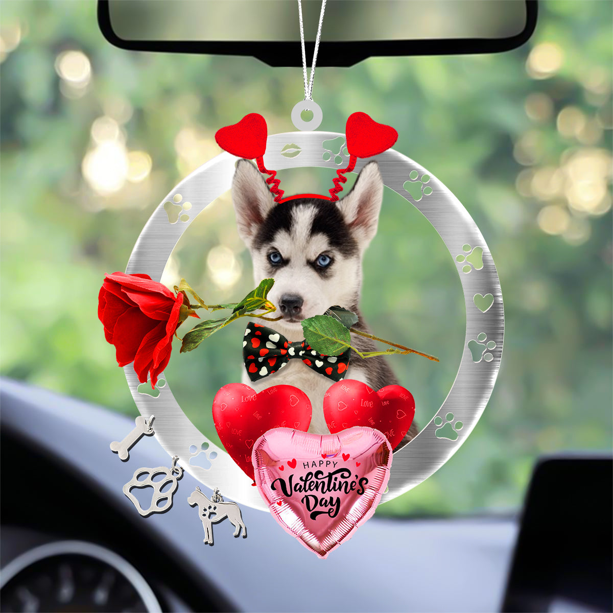 Husky With Rose & Heart Balloon Ornament