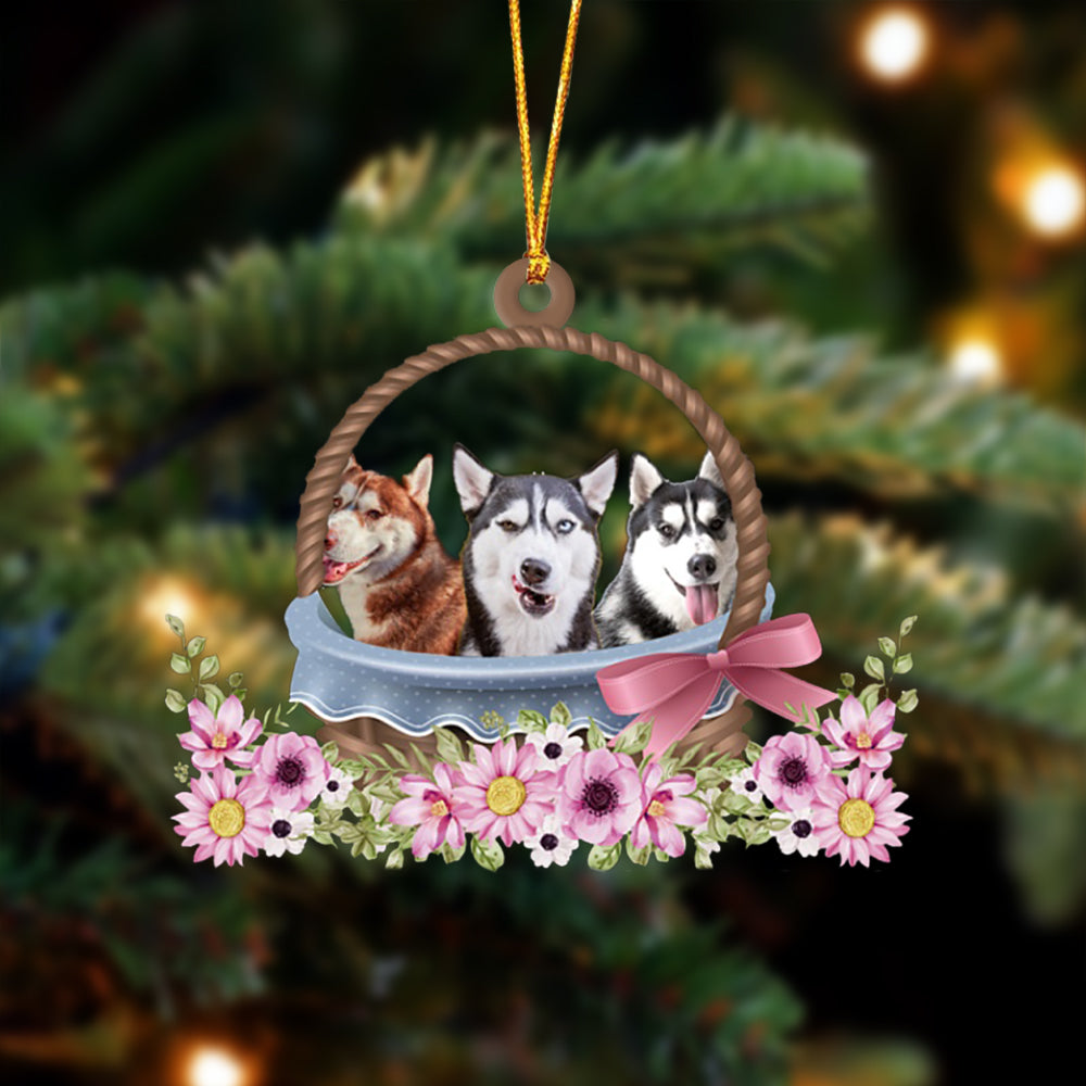 Husky Dogs In The Basket Ornament