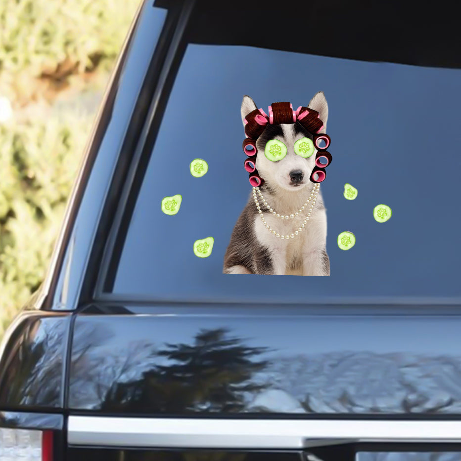 Husky With Hair Curler Funny Sticker