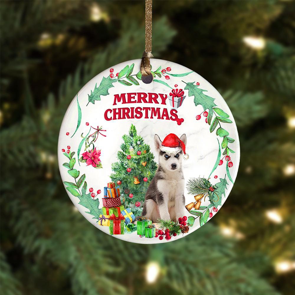 Husky Tree Merry Christmas Ornament (porcelain)